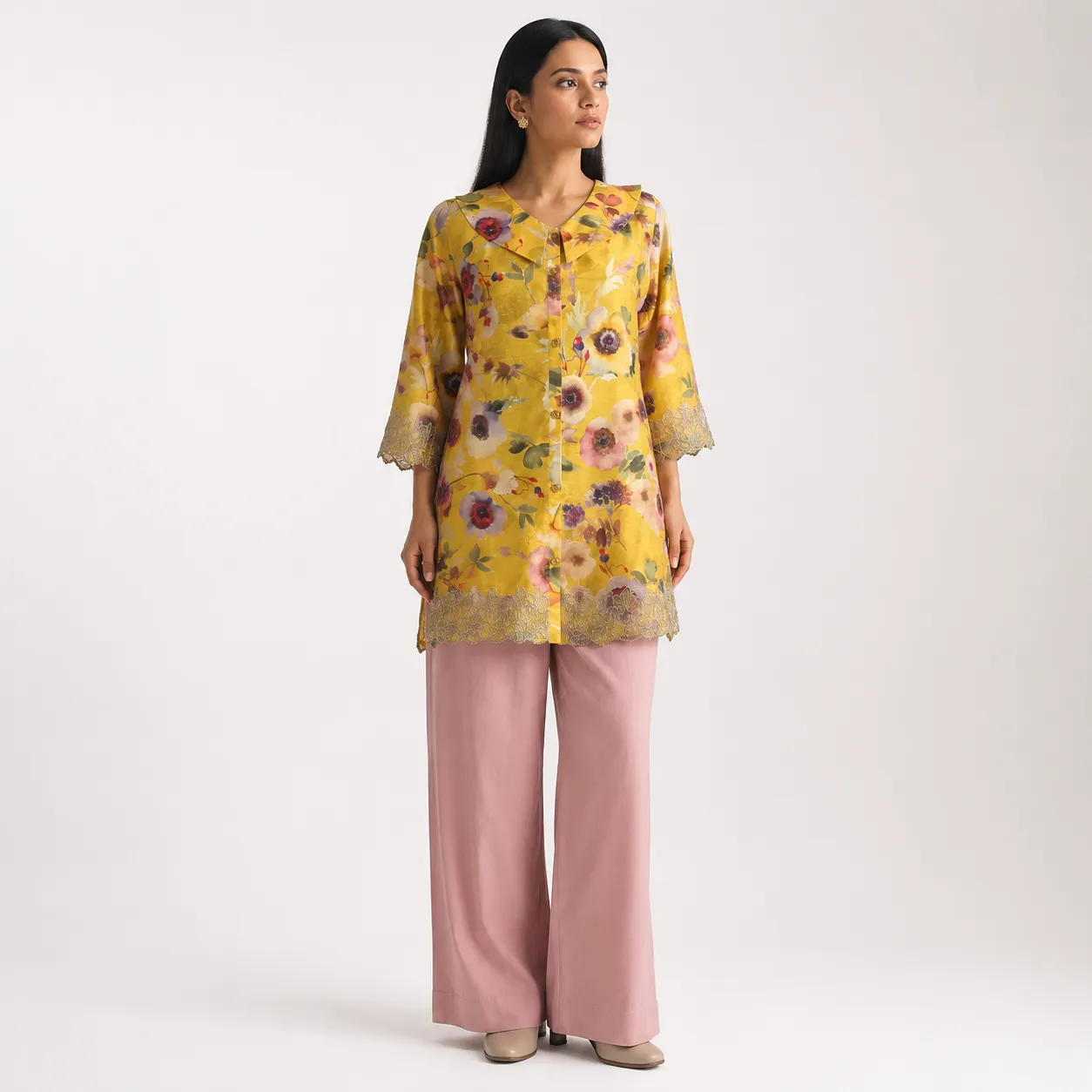 Golden Sunflower Print Tunic & Pink Trousers Set